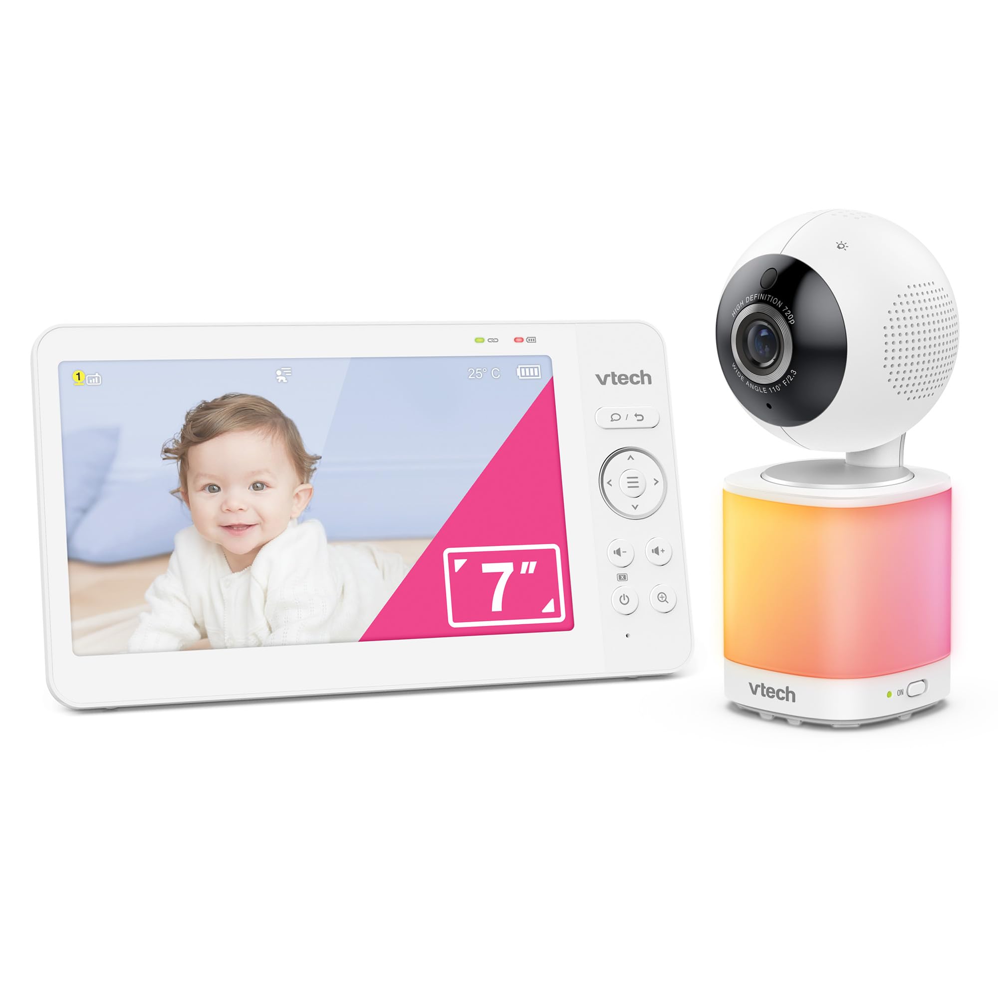 VTech Baby monitor video con schermo LCD a colori da 7", telecamera orientabile con zoom, luce notturna multicolore touch, ninne nanne e suoni rilassanti, Divisione schermo: VM7468