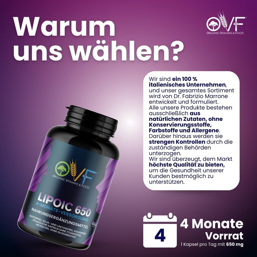 OVF R-Alpha Liponsäure 650 mg Hochdosiert, 120 Vegane Kapseln (4 Monate Vorrat), Starkes Antioxidans für Energie, Nerven & Stoffwechsel, Ohne Siliciumdioxid, 100% Made in Italy