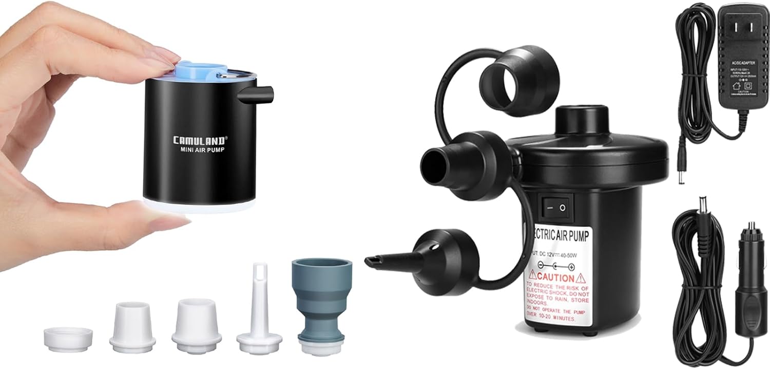 AGPTEK Electric Air Pump + Mini Air Pump, Sleeping Pad Pump Portable Air Pump for Inflatable with Battery USB Rechargeable Camping Light for Air Mattress, Pool Floats,Vacuum