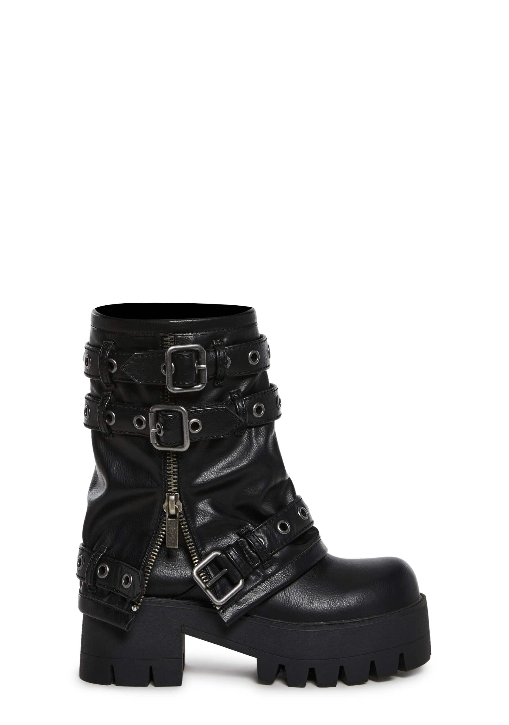 Dolls Kill Warp Combat Boots by DARKER WAVS Unisex Vegan Leather Platform Boots with Buckle Straps Zipper