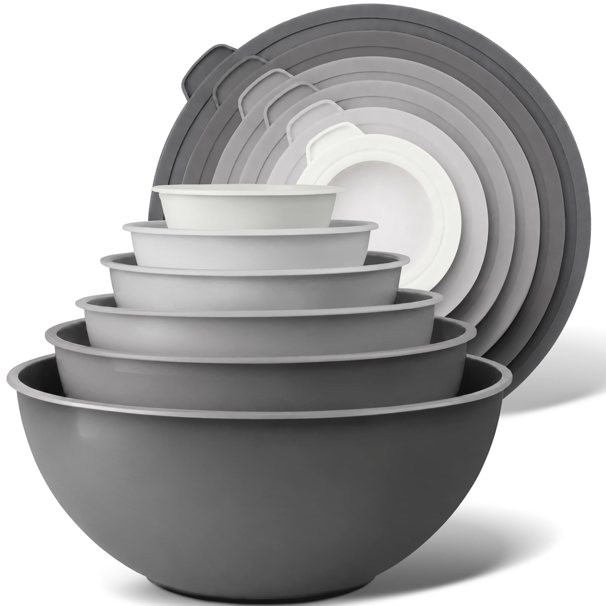 Zulay Kitchen 12 Piece Plastic Nesting Mixing Bowls with Lids - Colorful Microwave &amp; Freezer Safe Gray Ombre Set