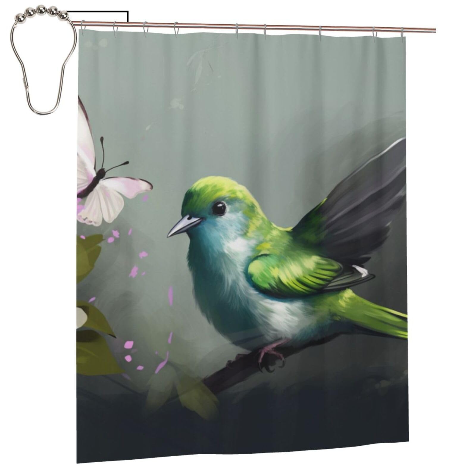 BWWHCCTI Green bird Printed Shower Curtain With 12 Iron Hooks Opaque Quick Drying Waterproof Shower Curtains Sets For Bathroom 152x183 Cm