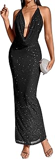 Women Sexy Sequin Bodycon Maxi Dress V Neck Split Back Formal Evening Cocktail Party Long Dresses - Buy now