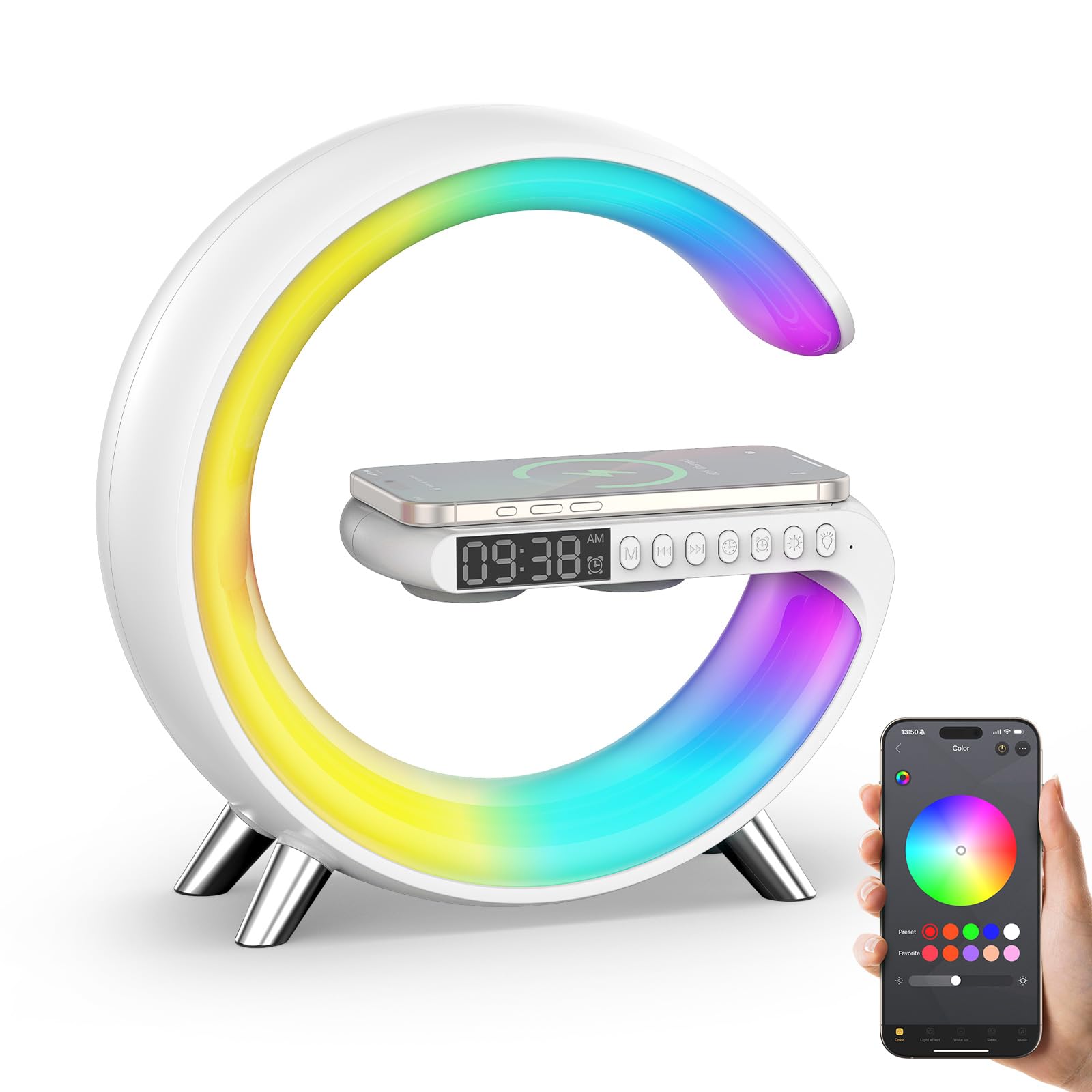 Smiling Shark Intelligente LED Sveglia Luce, Lampada Sveglia Atmosfera con Altoparlante Bluetooth & Ricarica Senza Fili Controllo App Dimmerabile Smart Wake Up Light per Casa Decorazione Regalo
