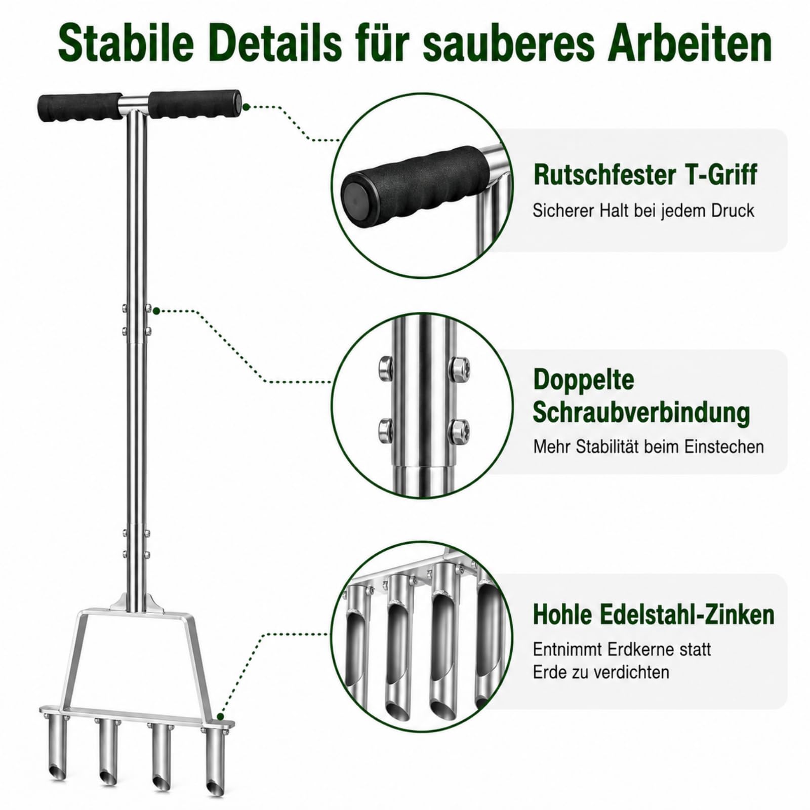 Rasenlüfter aus Edelstahl, 4 Zinken Hohlzinken, Manueller Rasenbelüfter & Aerifizierer für Verdichteten Boden, Lehmboden & Sandboden, Verstopfungsfrei für Hobbygärtner & Rasenpflege