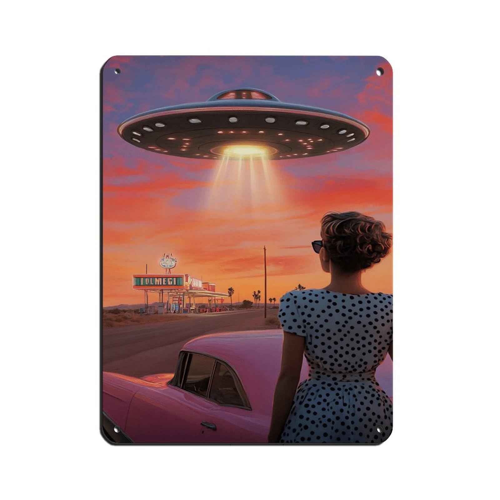 Retro UFO Diner Scene,Sci-Fi Wall Decor Retro Poster Metal Tin Sign Chic Art Retro Iron Painting Bar People Cave Cafe Family Garage Poster Wall Decoration 12x16inch(30x40cm)