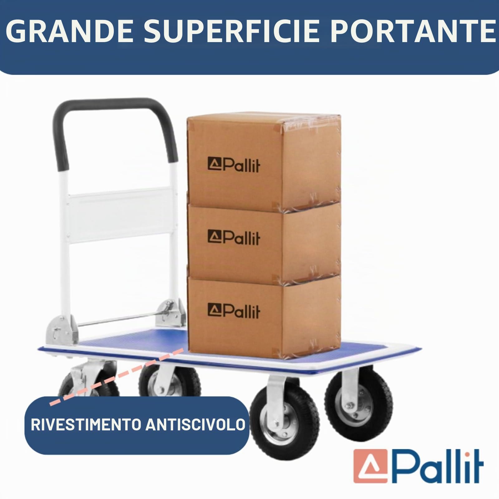 Pallit CARRY-R Carrello a Piattaforma Pieghevole - Portata 300 kg, Ruote Pneumatiche, Piano 880x580 mm, Carrello per Trasporto con Pianale Antiscivolo