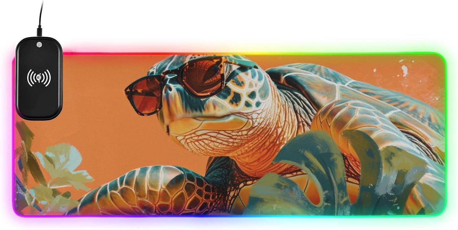 Mouse Pad Gaming with Wireless Charging, Extended Personalized LED Mousepad Desk Mat with 14 Light Effects for Desk Sea Turtle Tropical Print
