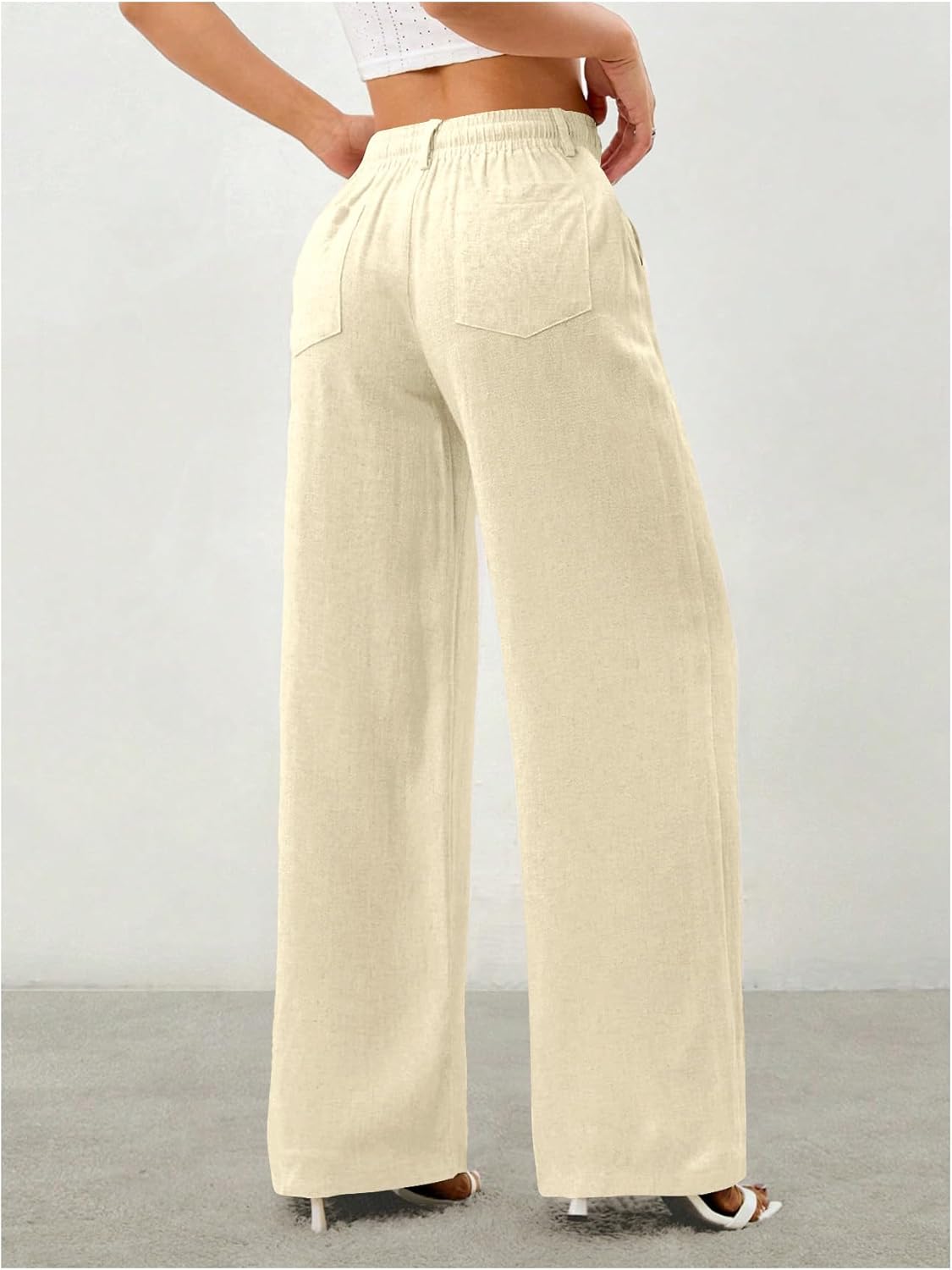 Women's Straight Wide Leg Linen Pants Drawstring High Waisted Casual Long Trousers with Pockets - Image 2