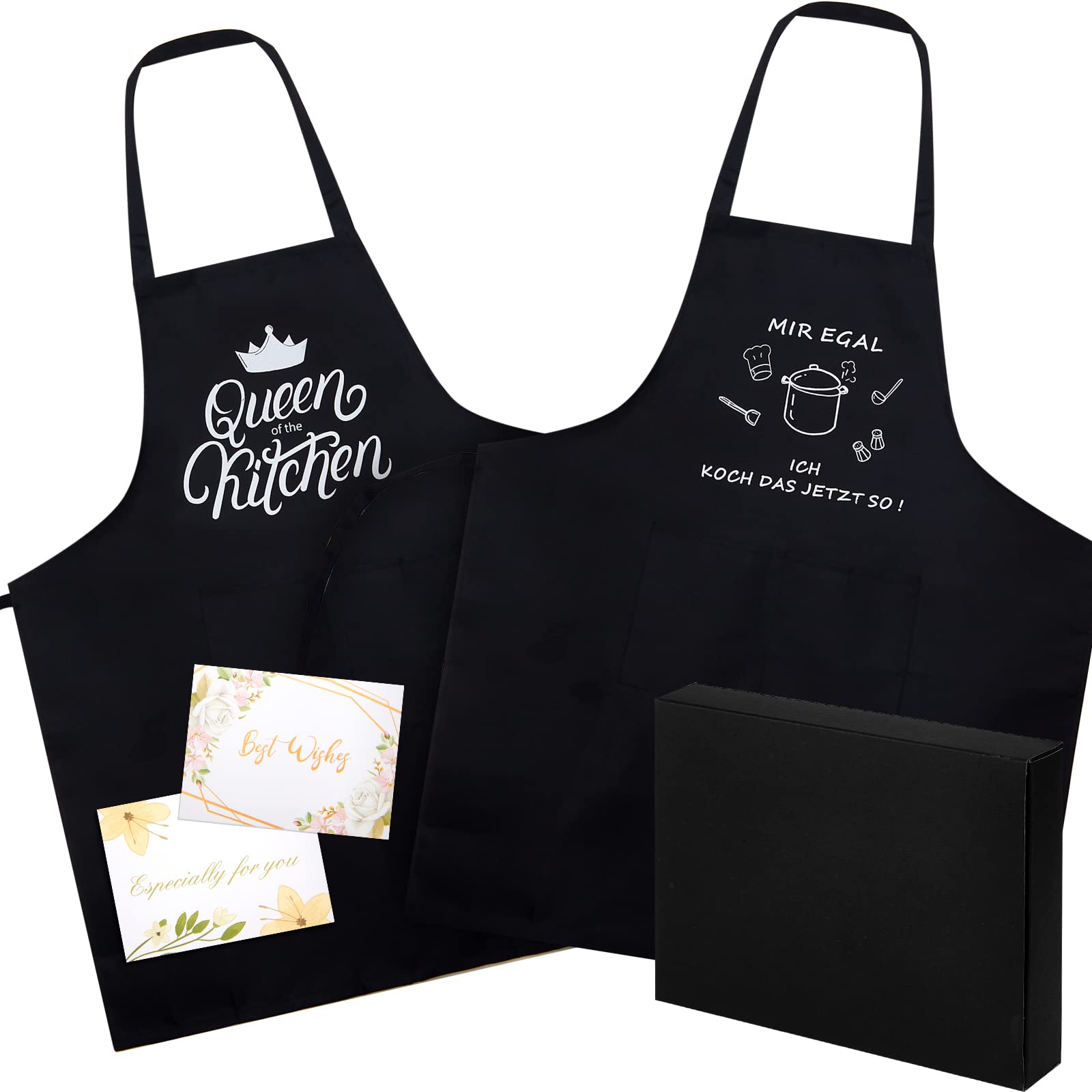 SATINIOR 2 Delantales para Mujer Hombre Delantales de Chef con 2 Bolsillos Delantales de Cocina para Parejas Divertidas con Tarjetas de Felicitación y Caja de Regalo para Esposa Marido San Valentín