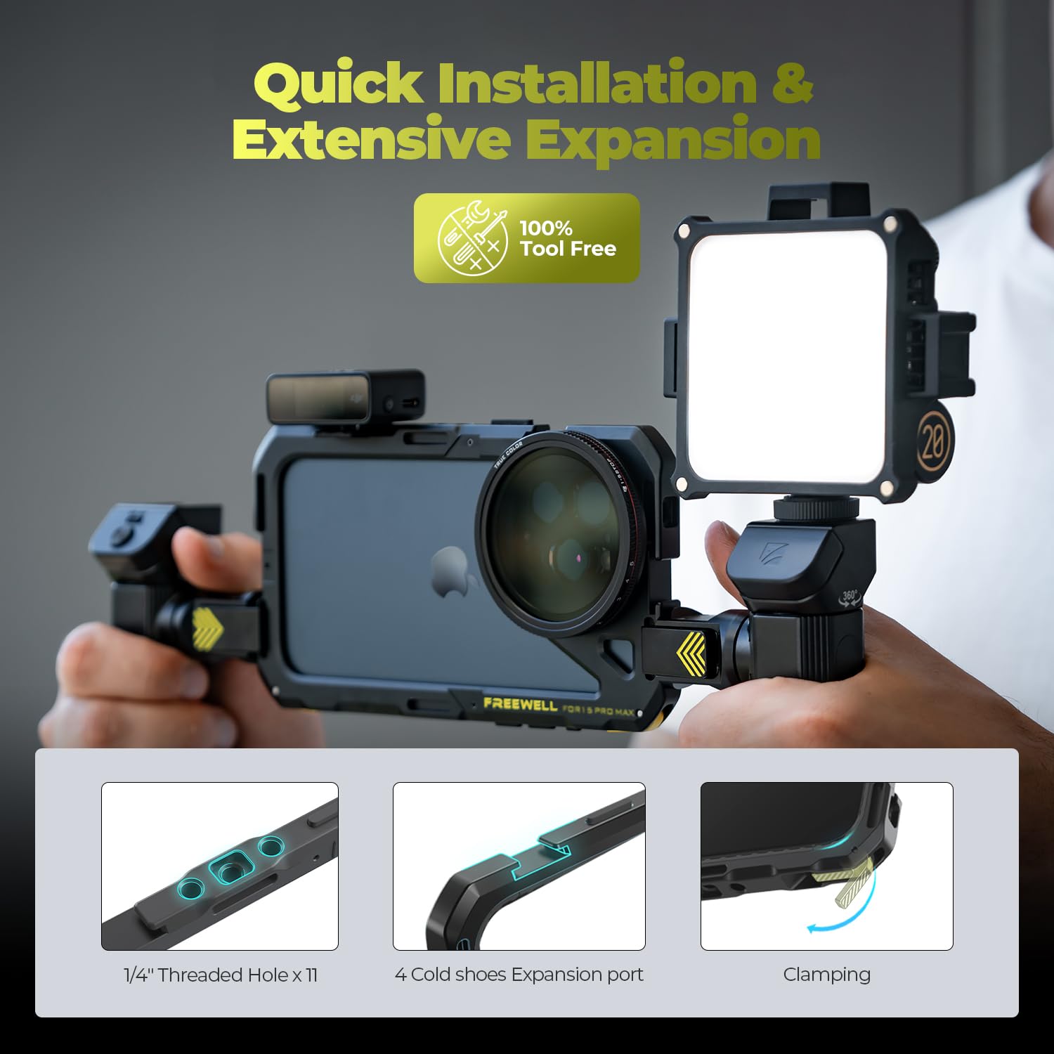 Freewell Genius Rig Cage para iPhone 17 Pro MAX - Configuración sin Herramientas, trípode Multifuncional y Asas monopié, Control Remoto Bluetooth