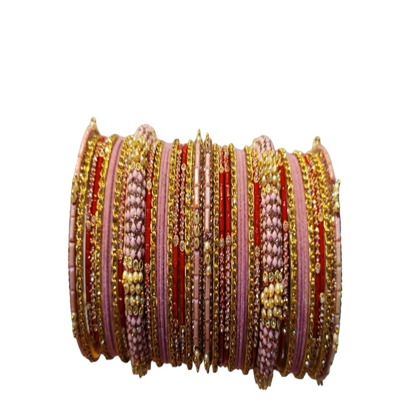 A stack of Siril Fancy Sparkle Bangles in multi-colour, featuring red and light pink threads with gold-toned accents and sparkling cubic zirconia stones.