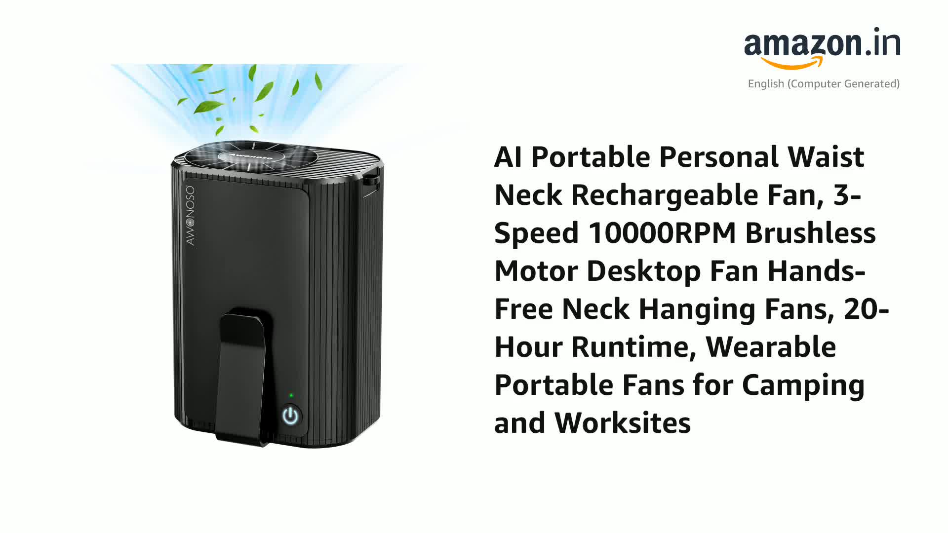 Rechargeable Waist Fan AI Portable Personal Neck Fan - 10000RPM 3-Speed ...