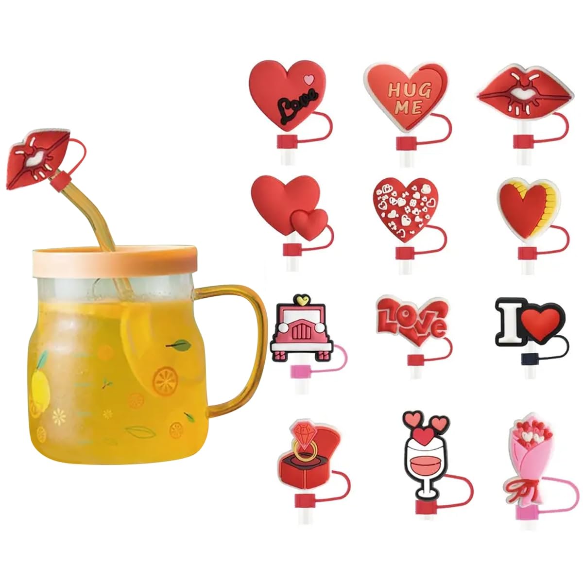 Lot De 8 Couvercles De Paille Réutilisables En Forme De Cœur | En Silicone, Pour Paille 6-8 Mm | Décoration Fête, Saint-Valentin