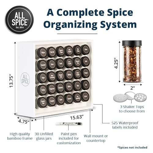 AllSpice Spice Rack Organizer, Wood, 525 Unique Labels, Countertop or Wall Mount, Includes 30 4oz Jars- Matte White