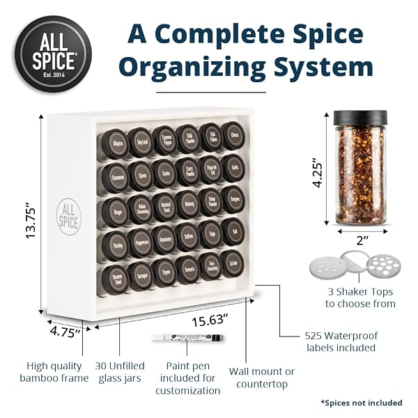 AllSpice Spice Rack Organizer, Wood, 525 Unique Labels, Countertop or Wall Mount, Includes 30 4oz Jars- Matte White by AllSpice - Used condition - Image 3