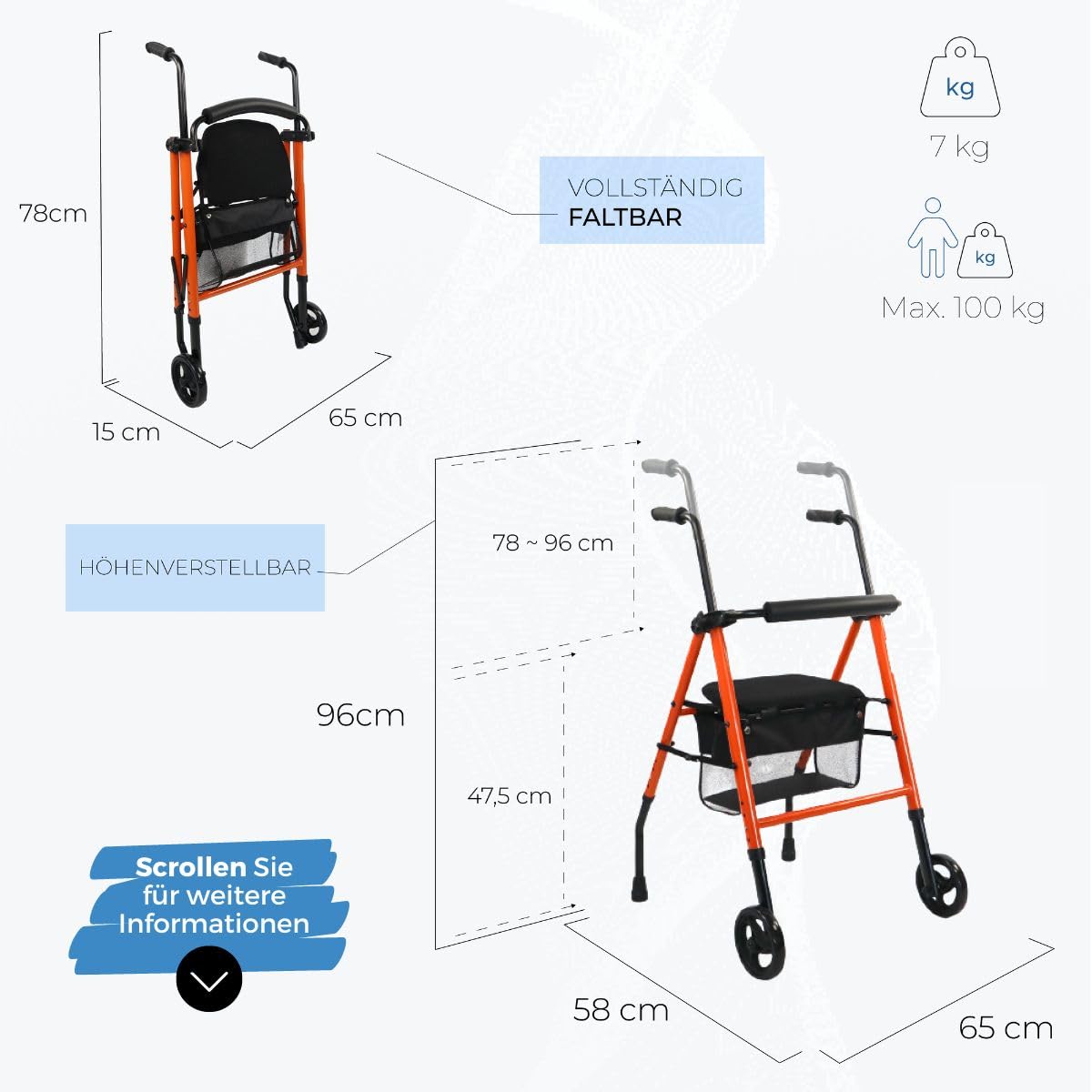 Mobiclinic®, Gehbock mit Rollen Klappbar, Zusammenklappbar, Höhenverstellbar, Nerón, Rollator, Mit Sitz und Rückenlehne, 2 Räder und Rutschfeste Trittflächen, Ablagekorb, Leichtgewicht, Stahl, Orange