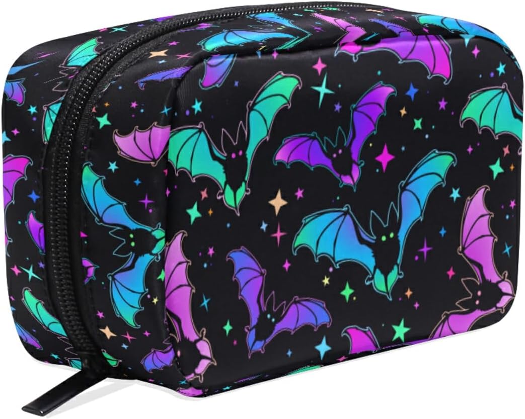 MNSRUU Small Cosmetic Bag for Girl Women Travel, Halloween Luminous Bats Makeup Toiletry Organizer Bags with Compartments