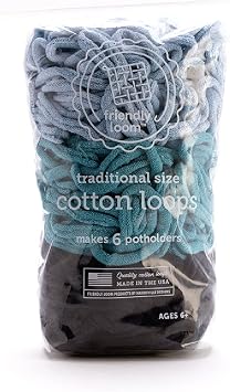 Lotta Loops by Friendly Loom - Atlantic Pack Traditional Size Powder Blue, Peacock, Dark Navy Cotton Loops Makes 6 Approx 6" x 6" Potholders by Harrisville Designs Made in The USA