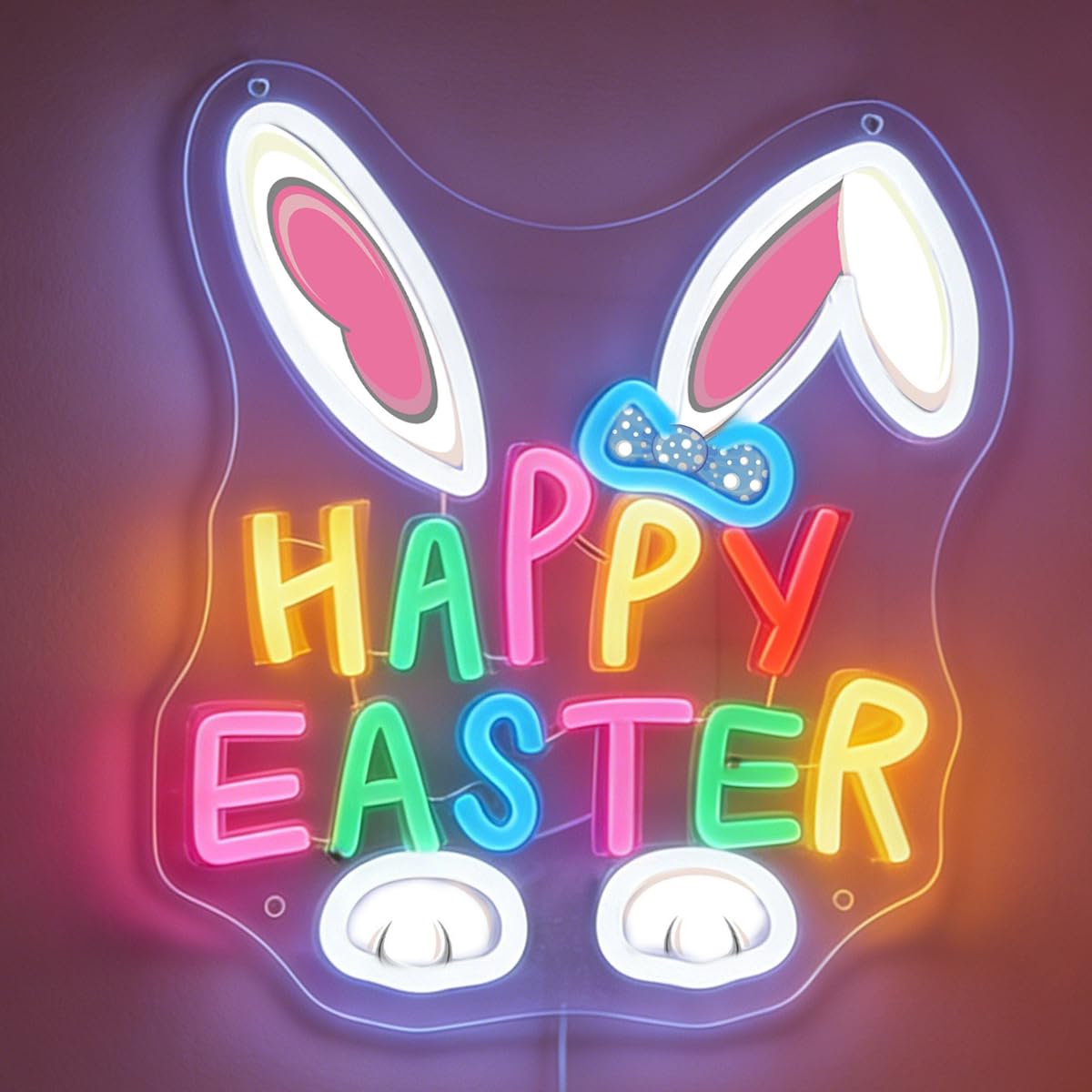 Happy Easter Neon Sign, LED Easter Bunny Neon Light, Dimmable Bunny UV Colorful Print Light Up Sign for Wall Decor Spring Front Yard Bedroom Home Eastre Decoration Kids Gifts