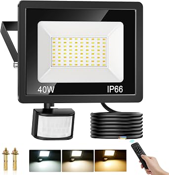 40W Security Lights Outdoor Motion Sensor, 4500LM PIR Sensor Security Light Dimmable 3000K 4000K 6500K, IP66 Waterproof LED Floodlights Outside Light with Remote Control for Garden Backyard Garage [Energy Class F]