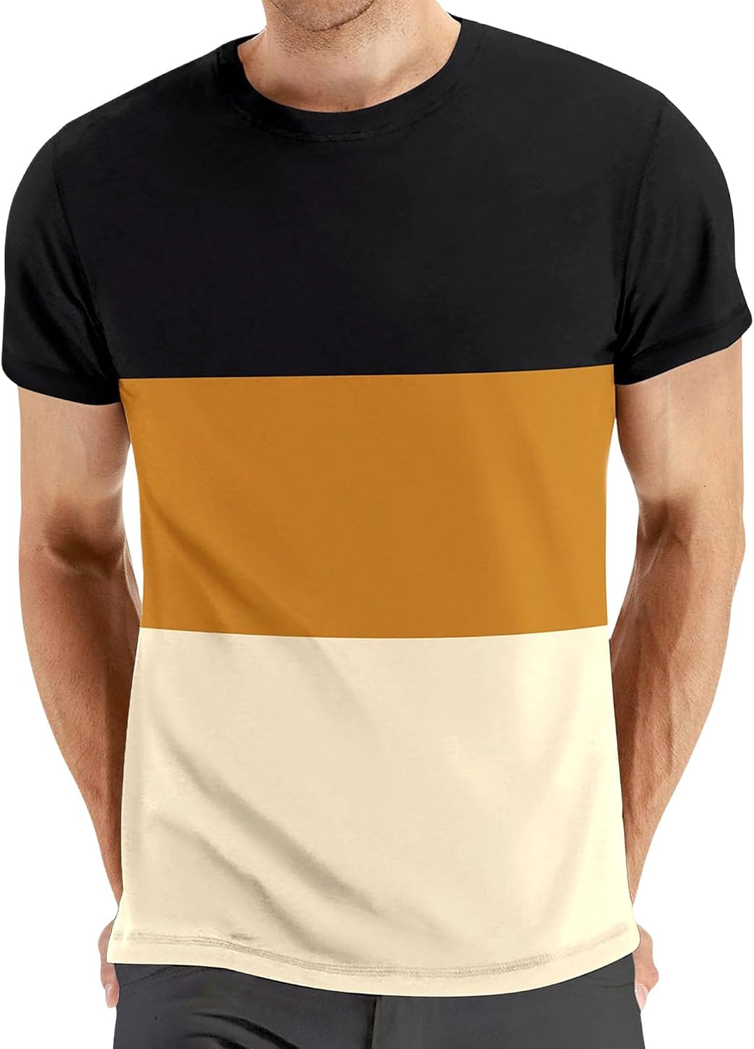 Men Summer Color Block Athletic T Shirt Round Collar Short Sleeve Cozy Shirt Classic Daily Wear Street Pullover Top