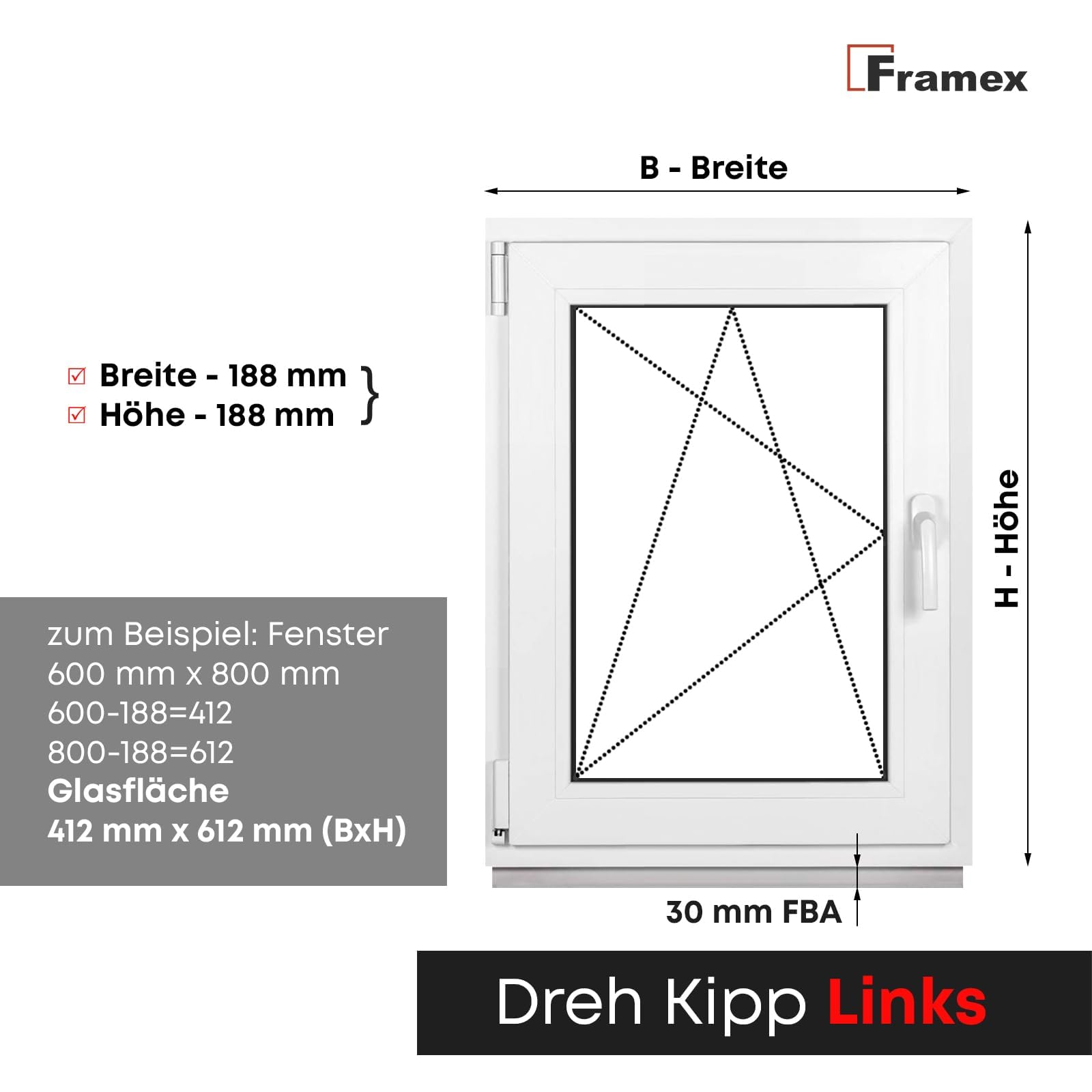 Finestra per cantina Finestra in plastica Bianco Larghezza x Altezza 80 x 80 cm (800 x 800 mm) 2-vetri (32 mm) girevole e ribaltabile DIN sinistra 4-camere Profilo 58 mm incluso maniglia