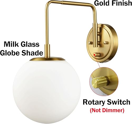 Miniatura 4 de DAYCENT Moderno aplique de pared enchufable con brazo oscilante de cristal de ópalo con interruptor de encendidoapagado para dormitorio y cocina,