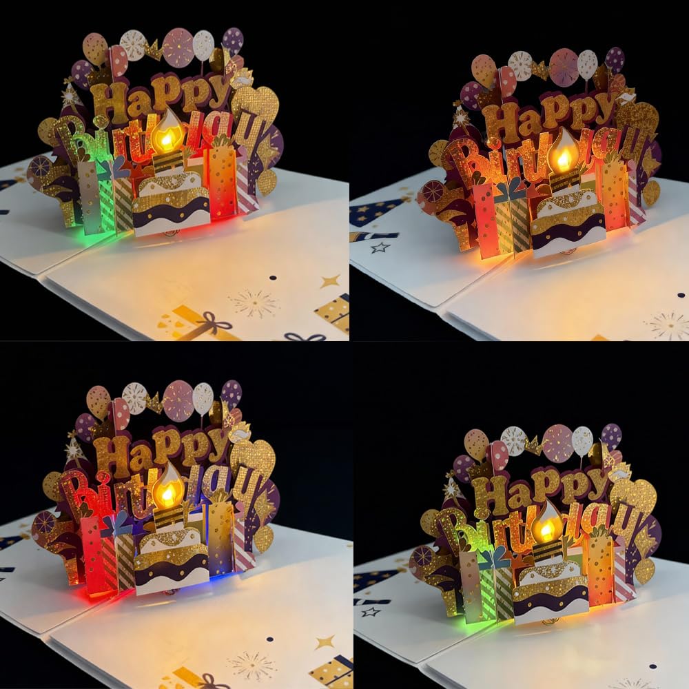 Tarjetas de feliz cumpleaños 3D desplegables con purpurina para tarta de cumpleaños, vela soplable con luz LED, tarjetas de felicitación musicales, decoraciones de cumpleaños, regalos para