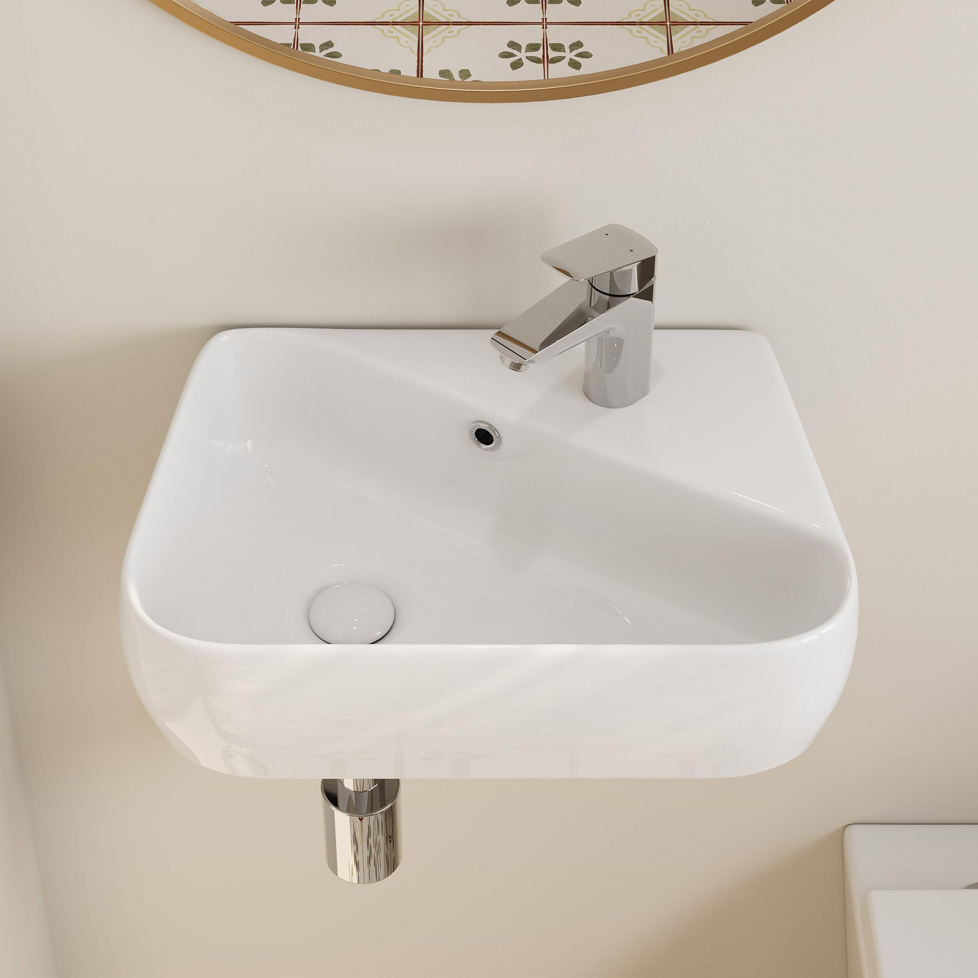 HOROW Waschbecken Klein Aufsatzwaschbecken mit Hahnloch & Überlauf aus Keramik Weiß 45 cm Handwaschbecken mini Gäste WC Waschtisch Badezimmer