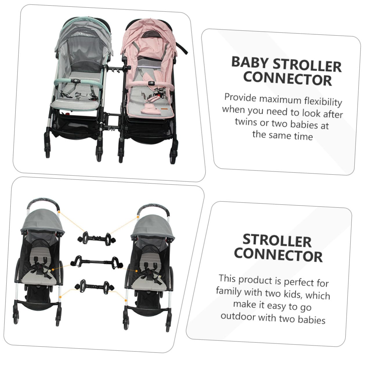 Connecteurs pour Poussettes Bébé 3 Pièces en Fer et Plastique Noir Adaptateurs pour Relier Deux Poussettes Simples Usage Extérieur