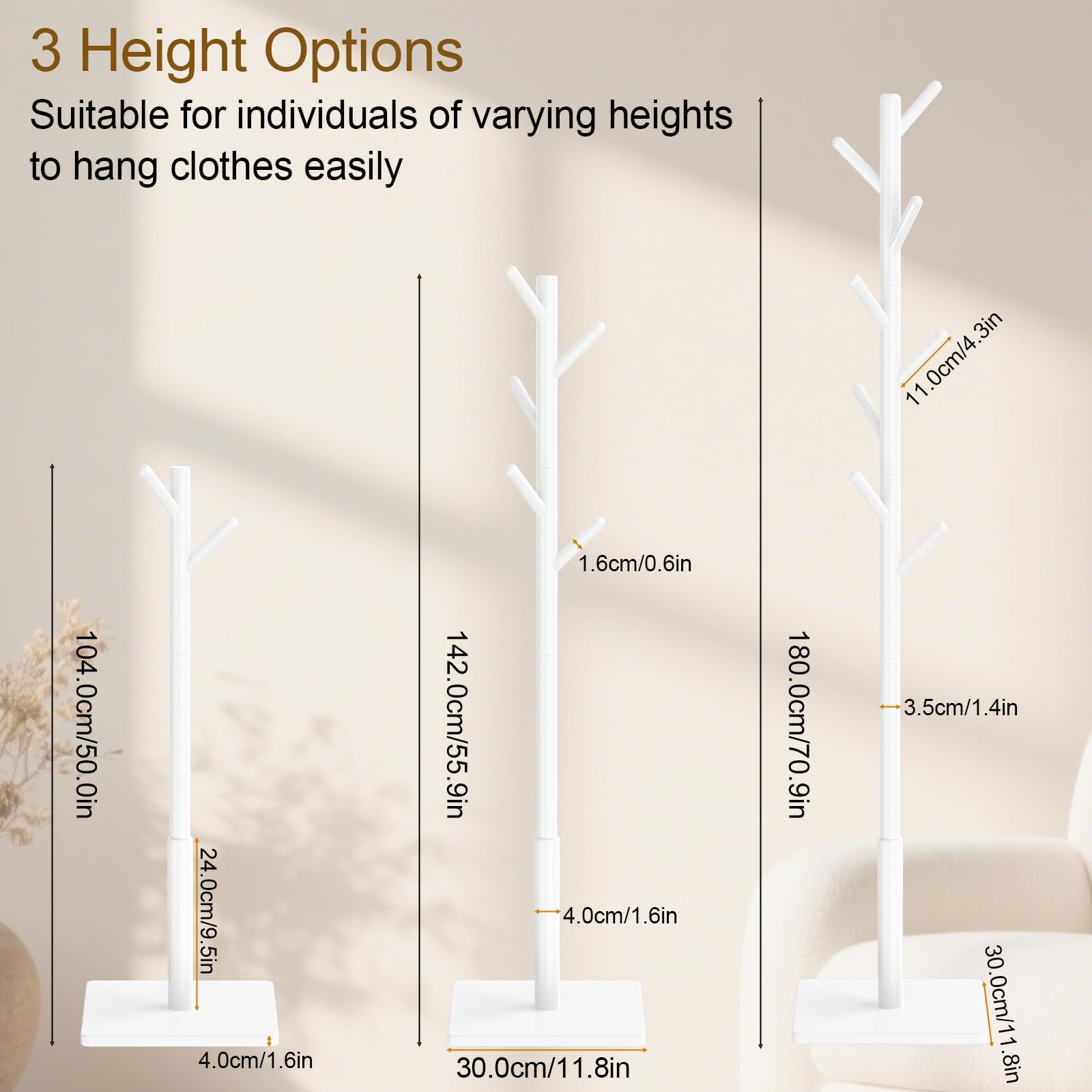 Appendiabiti da Terra, Attaccapanni Ingresso in Legno Massiccio, 8 Ganci, 3 Hauteurs, per Abbigliamento, Cappelli, Sciarpa, per Ufficio, 30×30×180cm, Bianco
