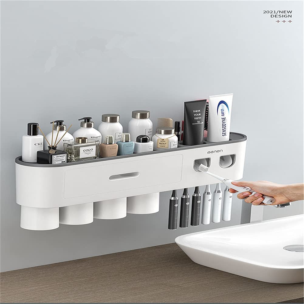 Kit de soporte de cepillo de dientes montado en la pared con doble dispensador automático de pasta de dientes para baño y inodoro, soporte de cepillo de dientes de ducha con taza (gris)