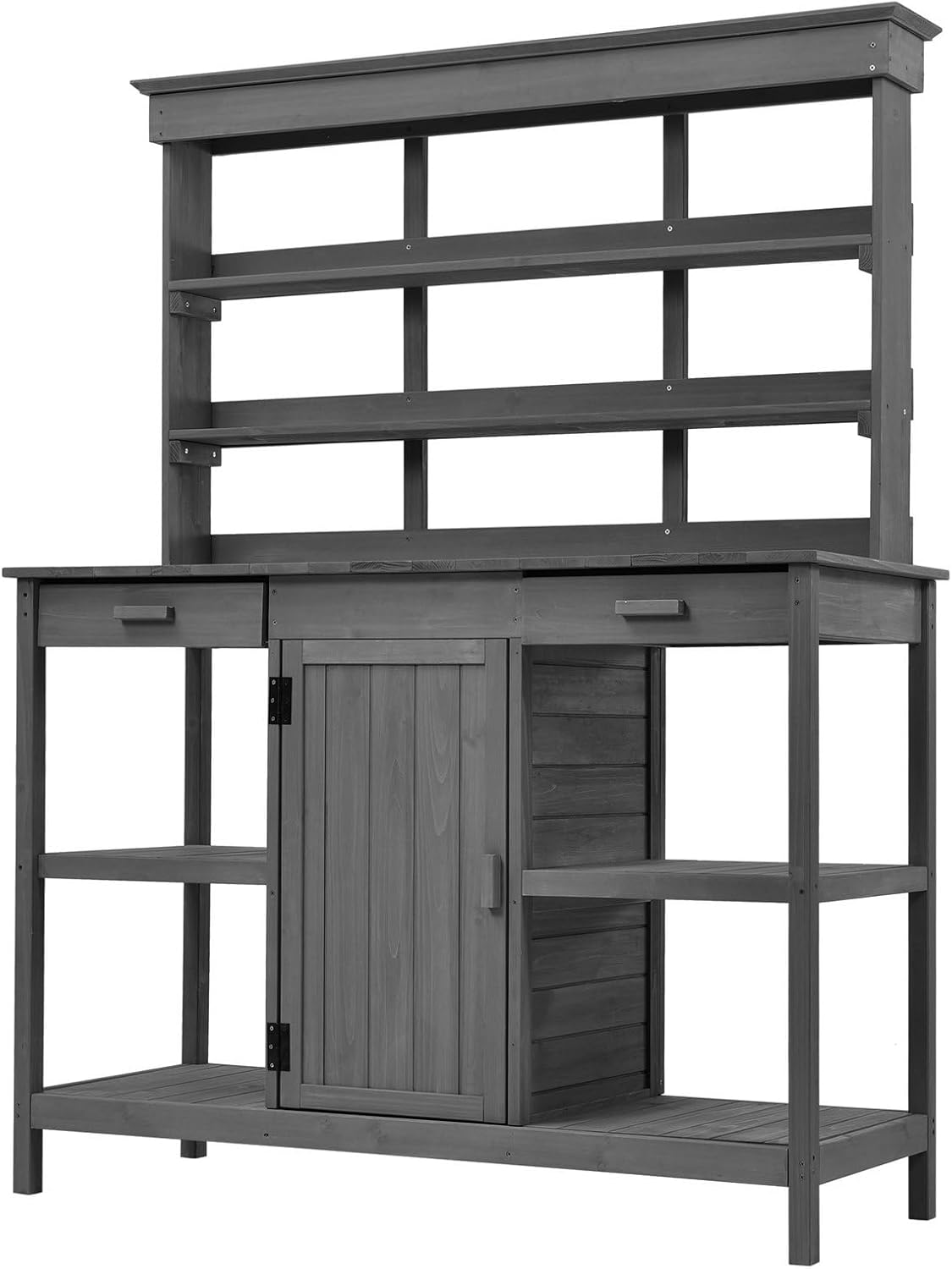66" Large Outdoor Wooden Potting Bench Table – Farmhouse Garden Workstation with Drawers, Cabinet & Storage Shelves, Fir Wood Work Table for Patio, Backyard, Mudroom, Greenhouse,Grey