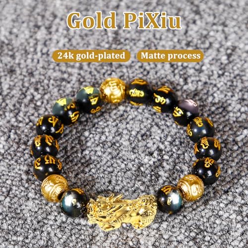 Feng Shui Bracelet 24K Gold Plated PiXiu Bracelet, Obsidian Dragon Protection Meditation Decompression Prayer Beads Lucky Wealth Bracelets for Men Women3