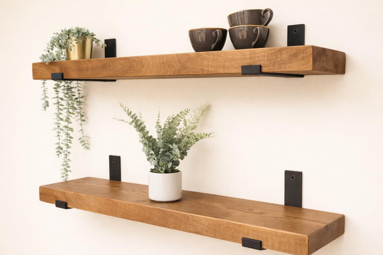 Rustic Floating Shelf, 6x2 with Black Brackets, Solid Pine, Wall Mounted — image 1