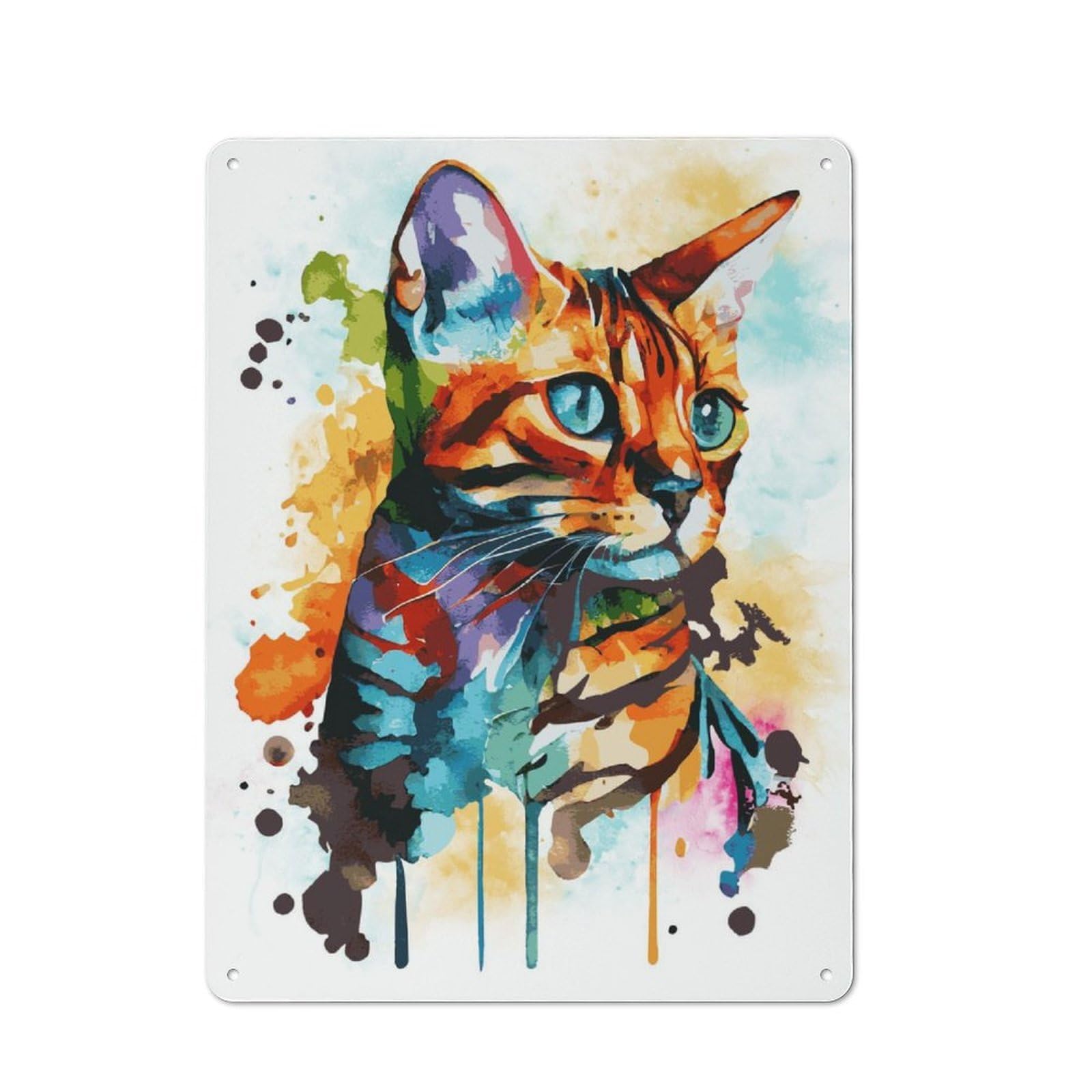 Junmoney Watercolor Bengal Cat Rustic Tin Wall Plaque 40X30cm For Guest Room Or Hallway, For Garage, Workshop And Man Cave Decoration