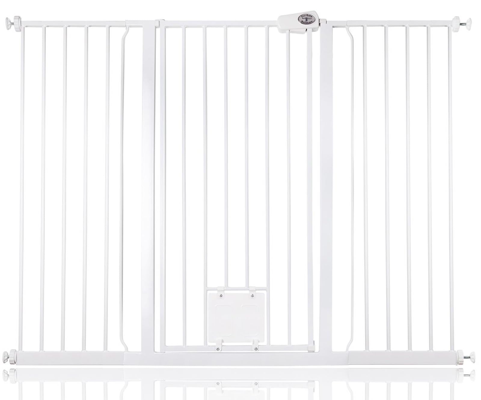 Bettacare Pet Gate with Lockable Cat Flap, 139.8cm - 147.4cm, White, 104cm in Height, Extra Tall Dog Safety Barrier with Cat Flap, Easy Installation