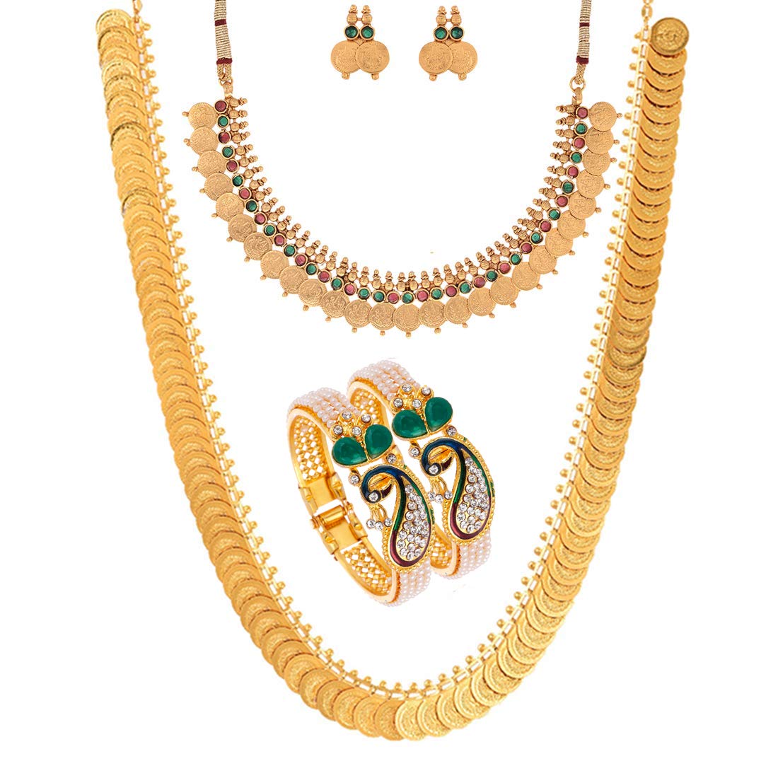 ZENEMEJewellery Set Gold Plated Pearl Studded Bangles Jewelry, Long Maharani Temple Coin Necklace, Short Red Green Necklace Set with Earring Jewellery for Women and Girl