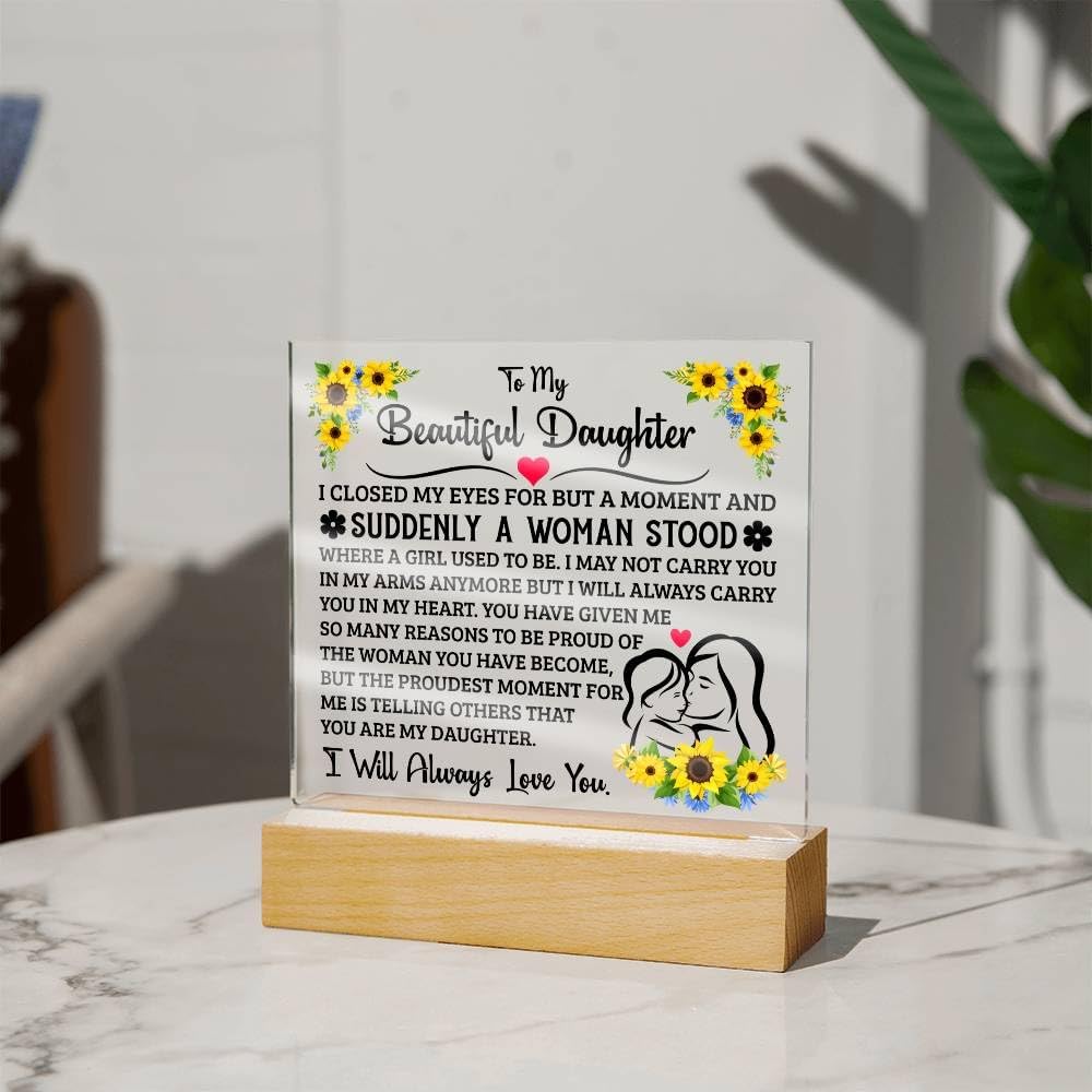 To My Beautiful Daughter Birthday Gifts From Mom | Mother Daughter Gifts with Heartfelt Message Card & Gift Box | Daughter's Birthday, Graduation, Christmas Acrylic Plaque Gift From Parents (Acrylic Square, Proud)