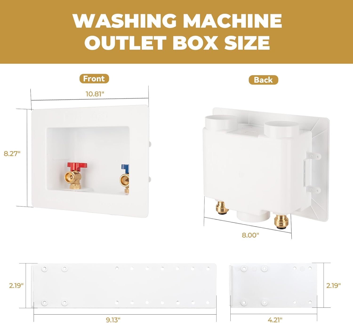 Push-Fit Washing Machine Outlet Box, 1/2-Inch Push Fit x3/4-Inch MHT with Center Drain, Washer Faucet Recessed Box, Laundry Washer Valve Outlet Box, with 2 Disconnect Clips