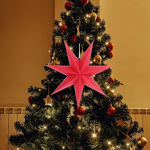 Image of 3PCS Paper Star Lantern Lamp Shade Christmas Stars Hanging Garland Large Hollow Out Xmas Tree Topper Foldable New Year Wedding Party Holiday Birthday Dercoration for Indoor and Outdoor 20in (Red)