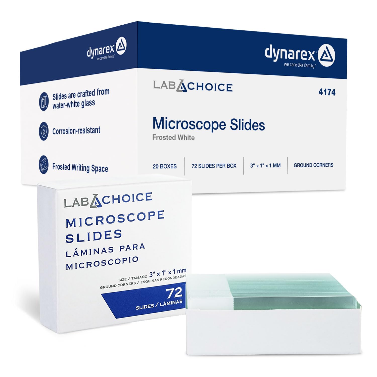 LabChoice Microscope Slides - Super Grade Green Glass Construction - Corner Grounded, 3"x 1" (75mm x 25mm x 1mm), Frosted White - 72 Pieces per Box, 20 Boxes, 1440 Total Slides