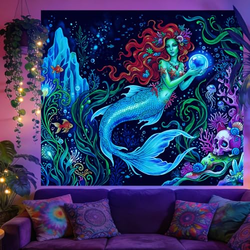 TNKBREEZE Siren Mermaid Sea Blacklight Tapestry Myth Legend UV Reactive Black Light Tapestries Mythology Themed Wall Art Hanging Decor for Bedroom Living Room Dorm Party Decor 130x150cm 51x59in