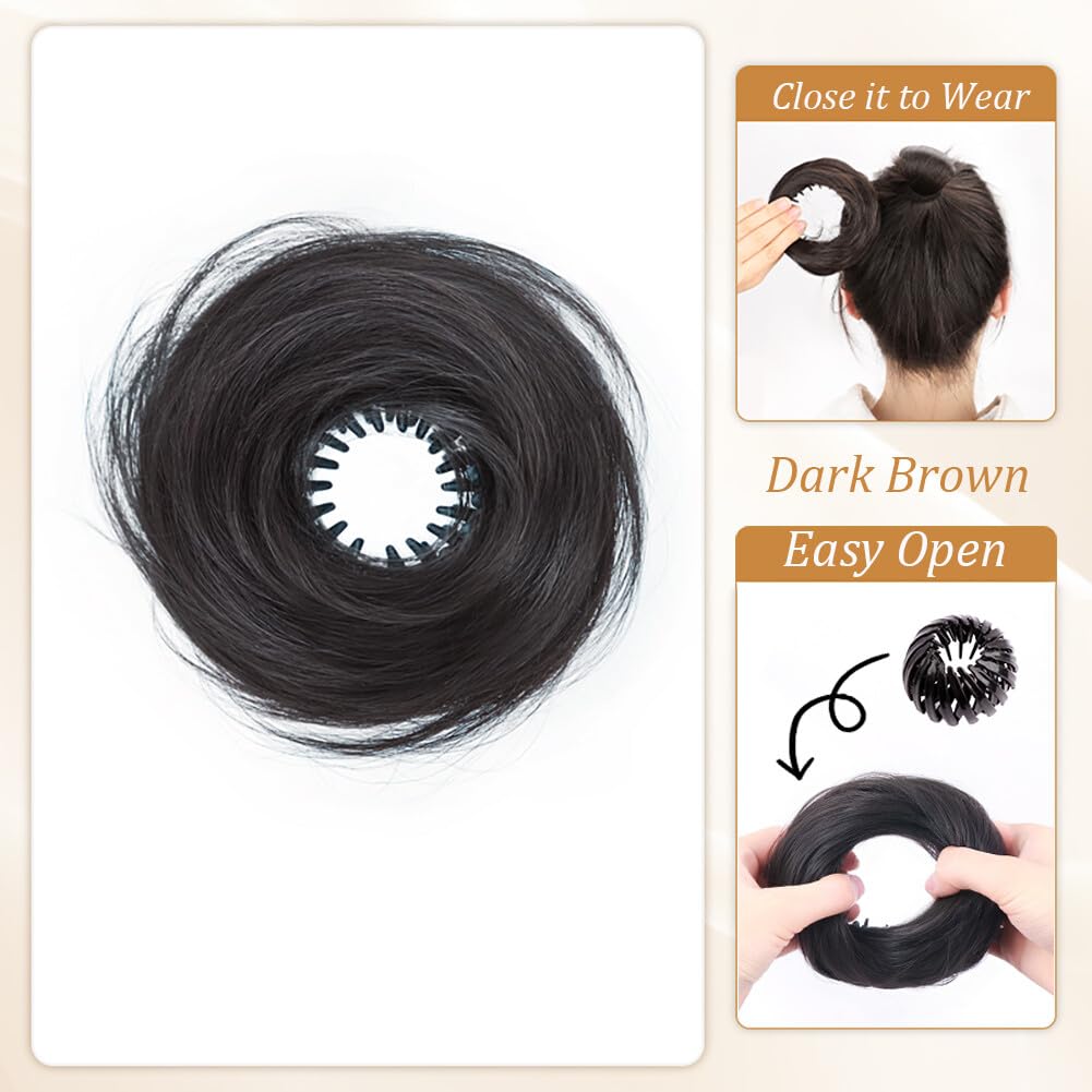 Hair Bun Extension Synthetic Straight Neat Donut Updo Stretchy Ring Claw Clip Fluffy Chignons Scrunchies Ponytail Hairpiece (Black Brown) - Image 2