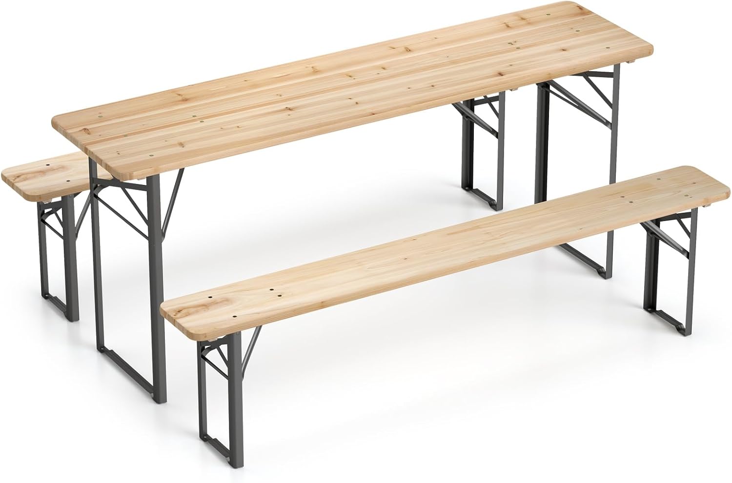 COSTWAY Folding Wood Picnic Table, Foldable Long Narrow Picnic Table with Benches Set for 4-6 People, Wooden Beer Table Metal Frame for Outdoor BBQ Party, Garden, Backyard