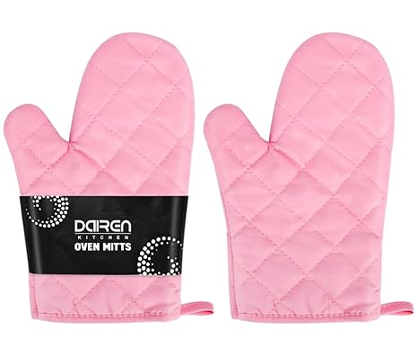 Oven Mitts 2PCS Silicone Heat Resistant,Cotton Kitchen Mitt Gloves,Durable Non-Slip Rubber Surface for Cooking,Baking,Grilling,Barbecue (Pink)