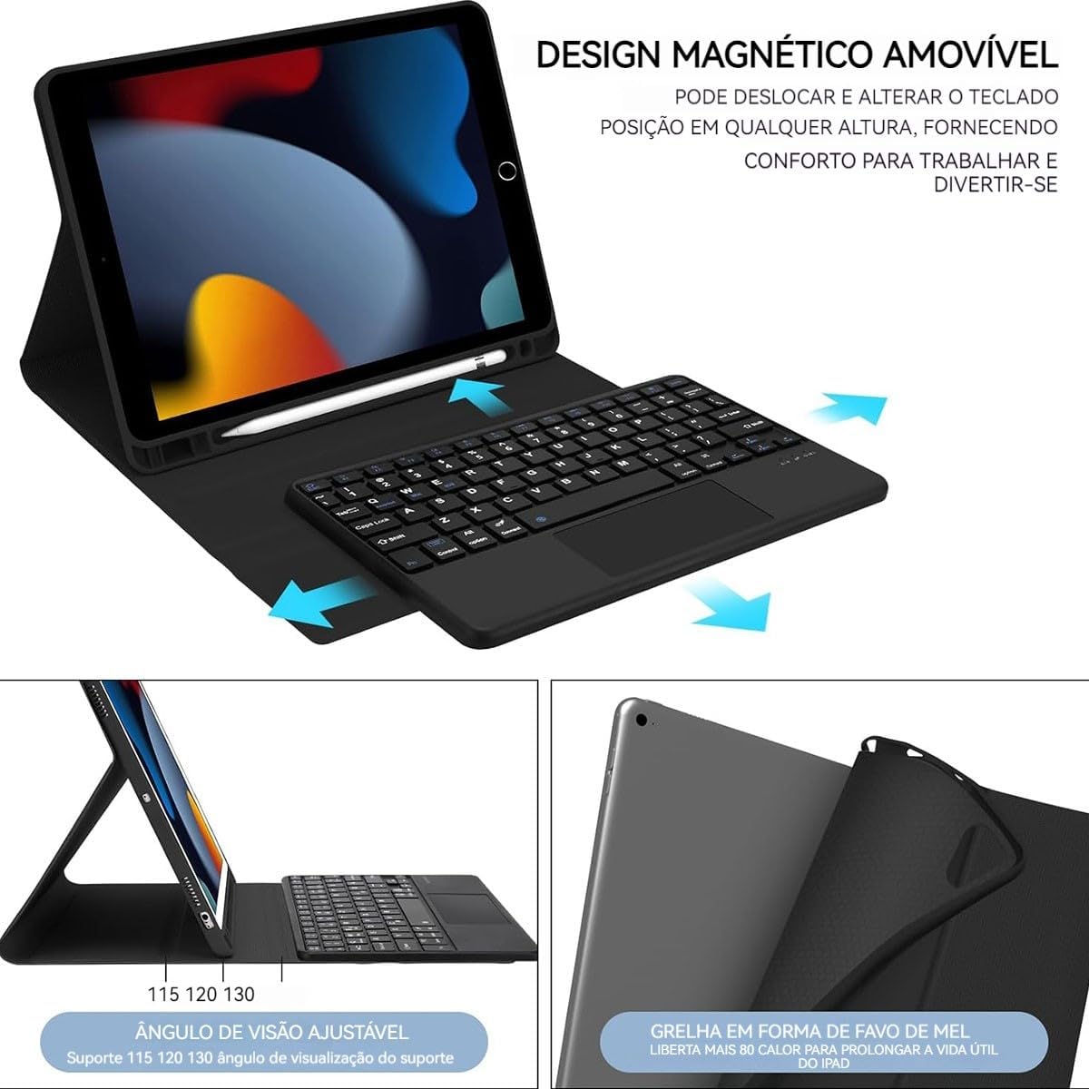Capa Para Tablet, Capa + Mouse e Teclado Magnético Bluetooth Destacável Para IPad 9ª/ 8ª /7ª Geração (Preto, Teclado de toque)