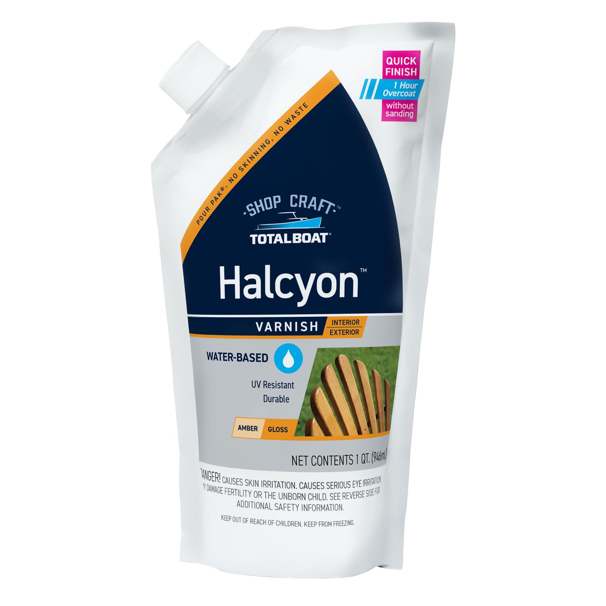 TotalBoat-513021 Halcyon Marine Varnish (Clear Amber, Quart) | Water-Based Polyurethane Wood Finish | Clear Gloss UV Protection for Interior and Outdoor Use
