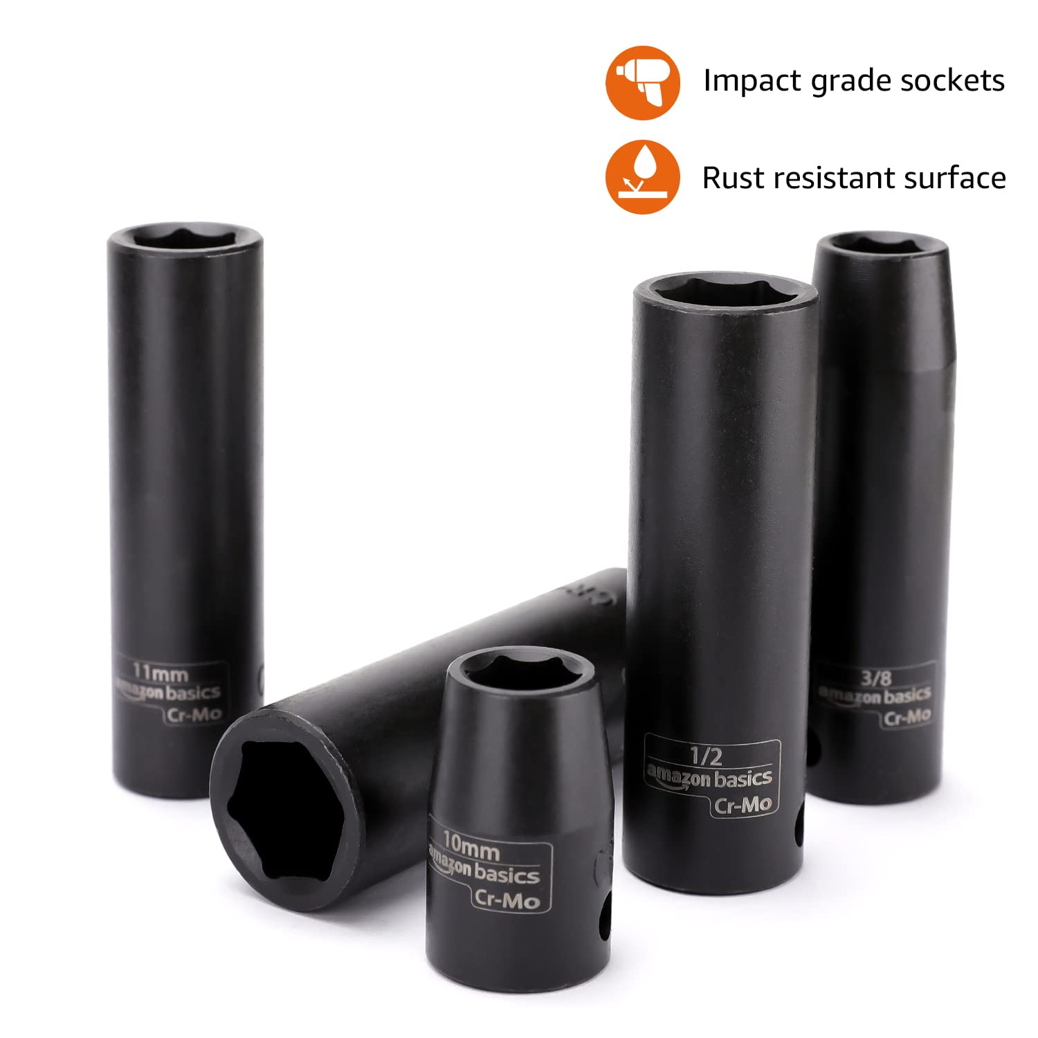 Amazon Basics Set di chiavi a bussola esagonali a impatto da 9,5 mm (3/8”), con custodia - 44 pezzi